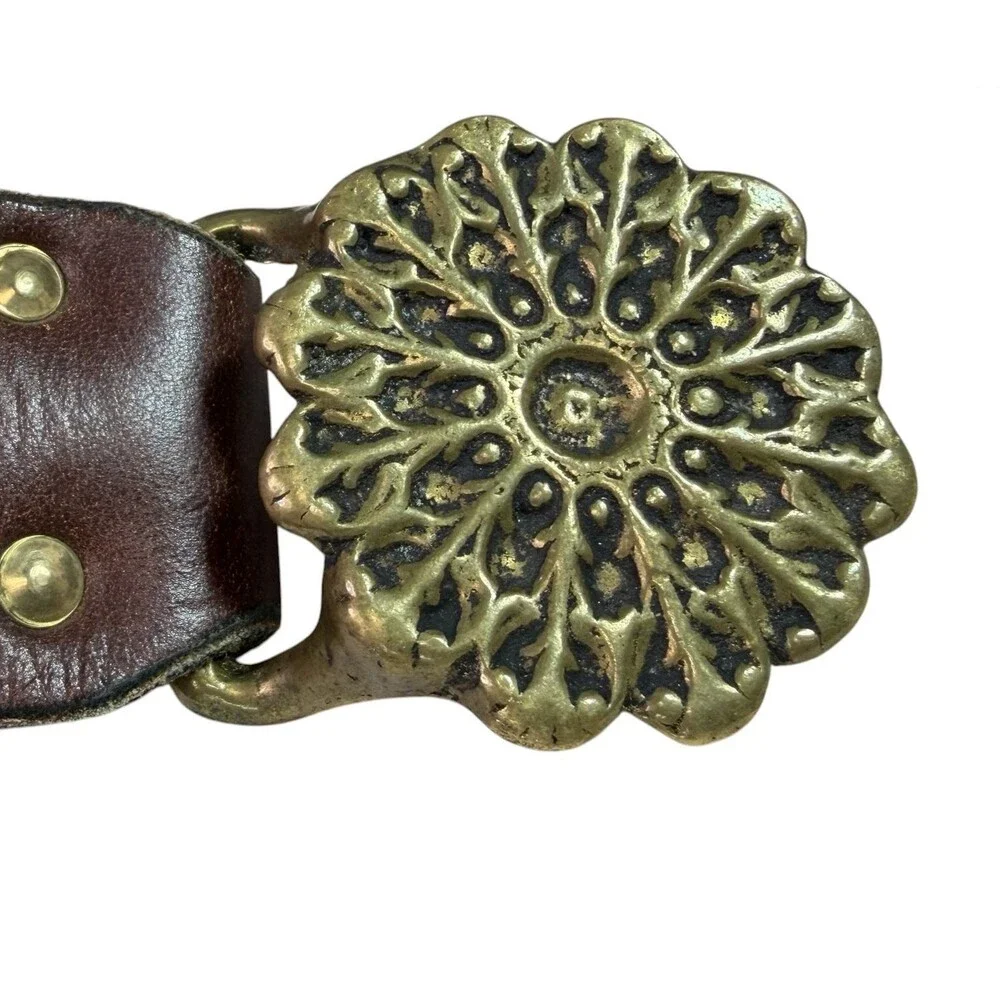 Vintage 70's Brown Leather & Suede Patchwork Belt w/ Floral Solid Brass Buckle L